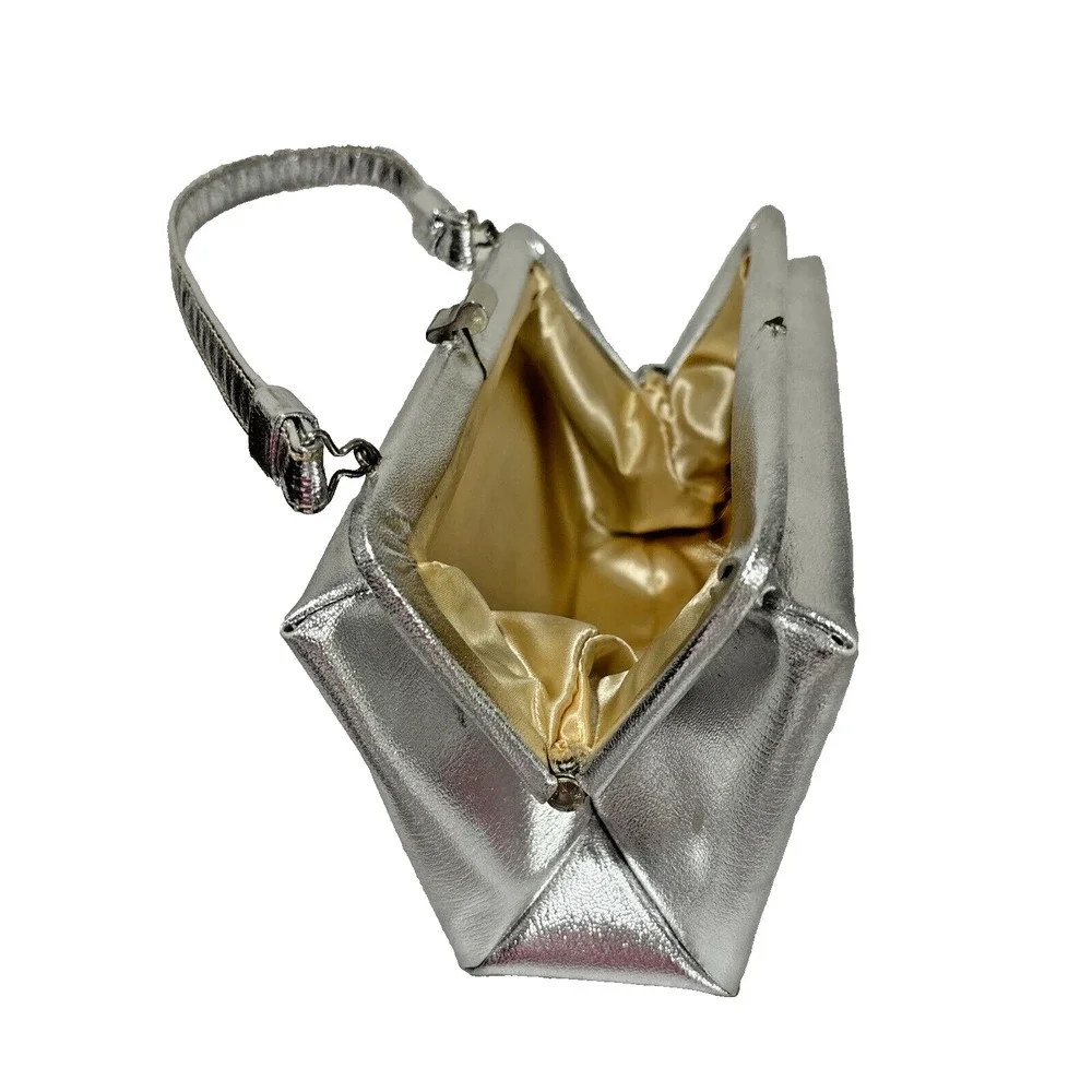 Vintage Silver Metallic Evening Bag Mid Century Top Handle Dressy Event Purse